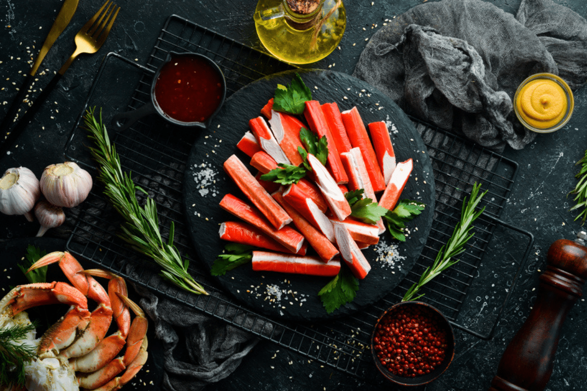 surimi na črnem krožniku poleg zdrave zelenjave